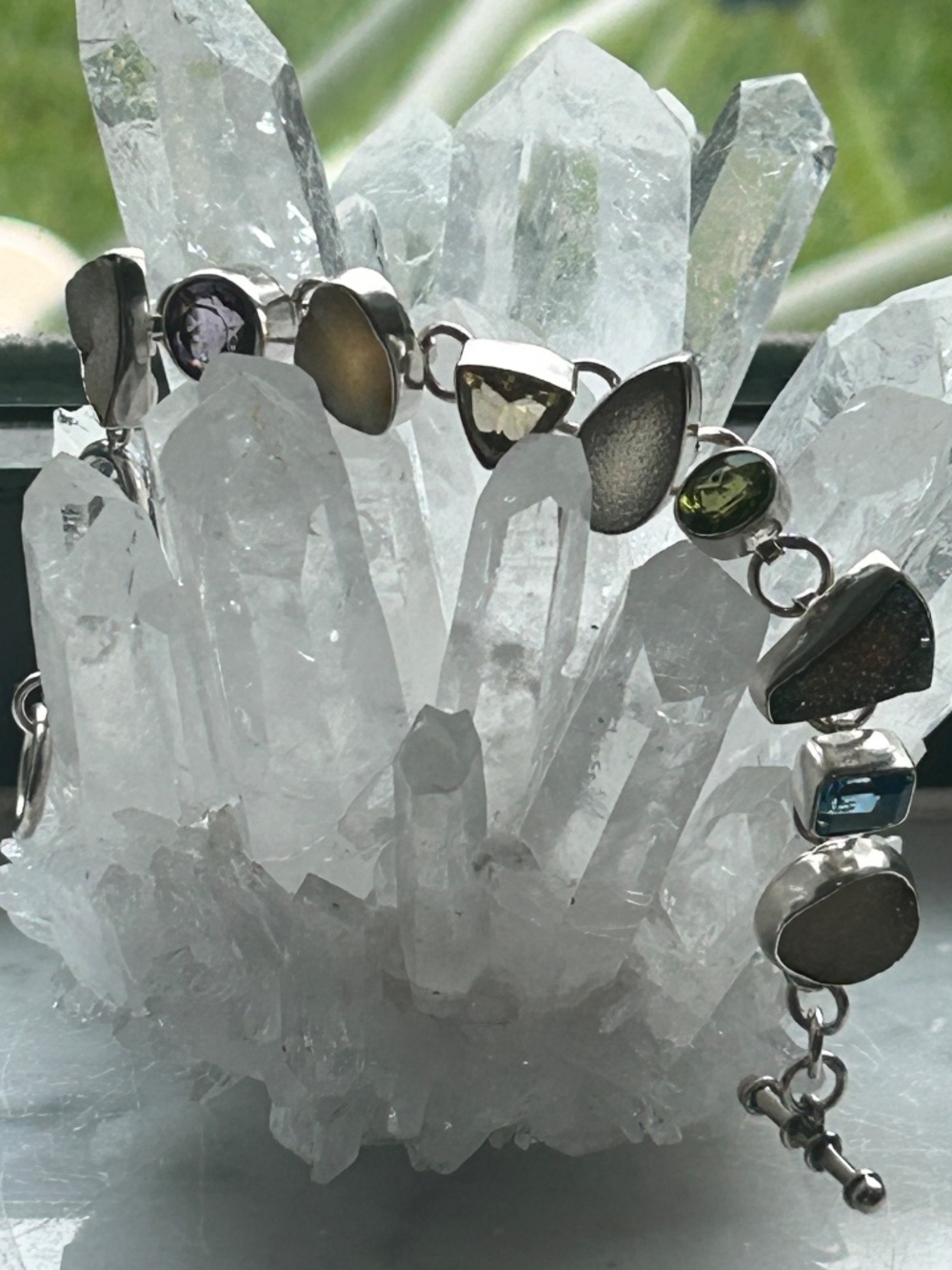 Sterling Silver Semi Precious Stone Bracelet Blue Topaz, Peridot,Citrine & Druzy - Picture 3 of 7
